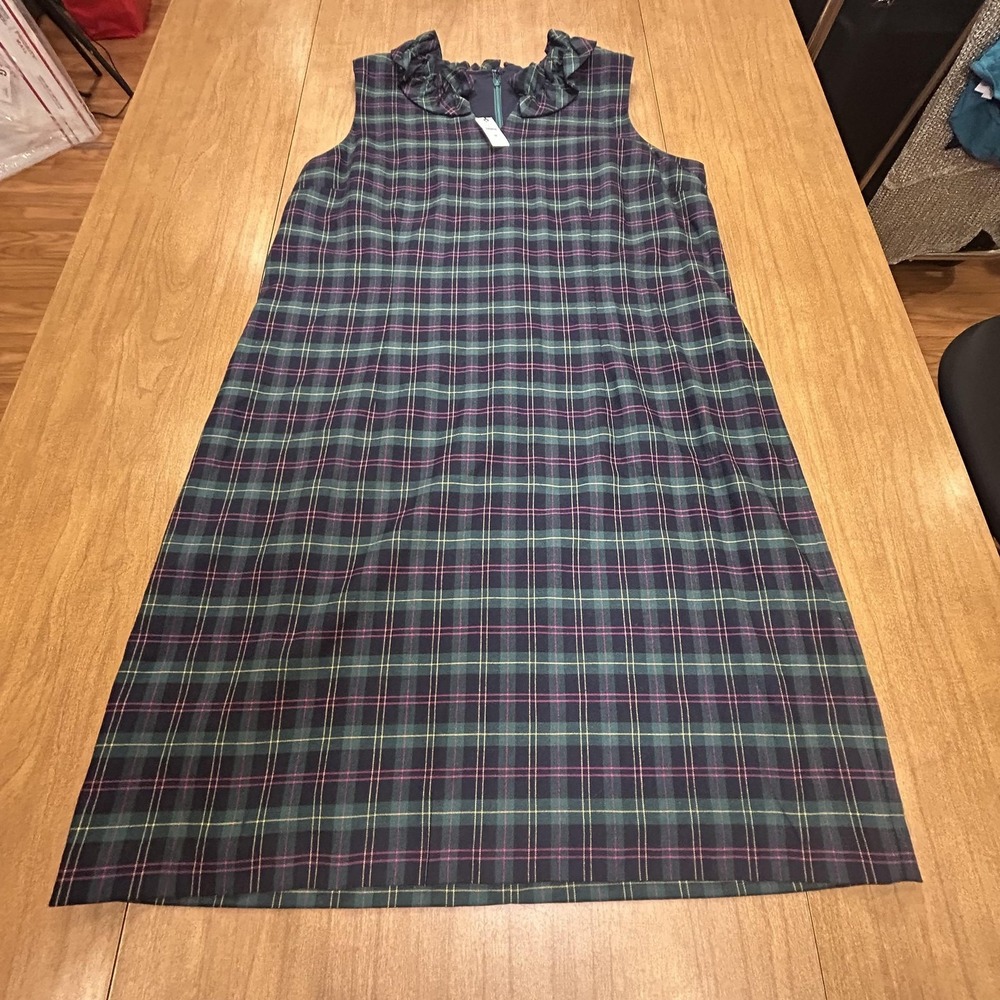 Talbots Dress Womens 18‎ Plaid Ruffle Neck A Line Shift Sleeveless Lined Preppy